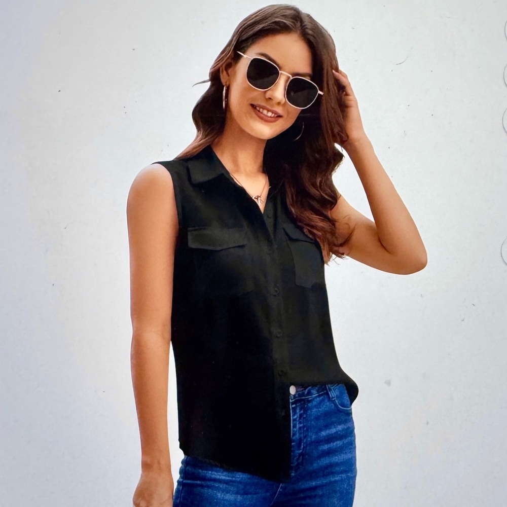 Forever 21 Sleeveless Black Sheer Button-Up Blouse with Collar Women’s Size XL - Picture 2 of 9
